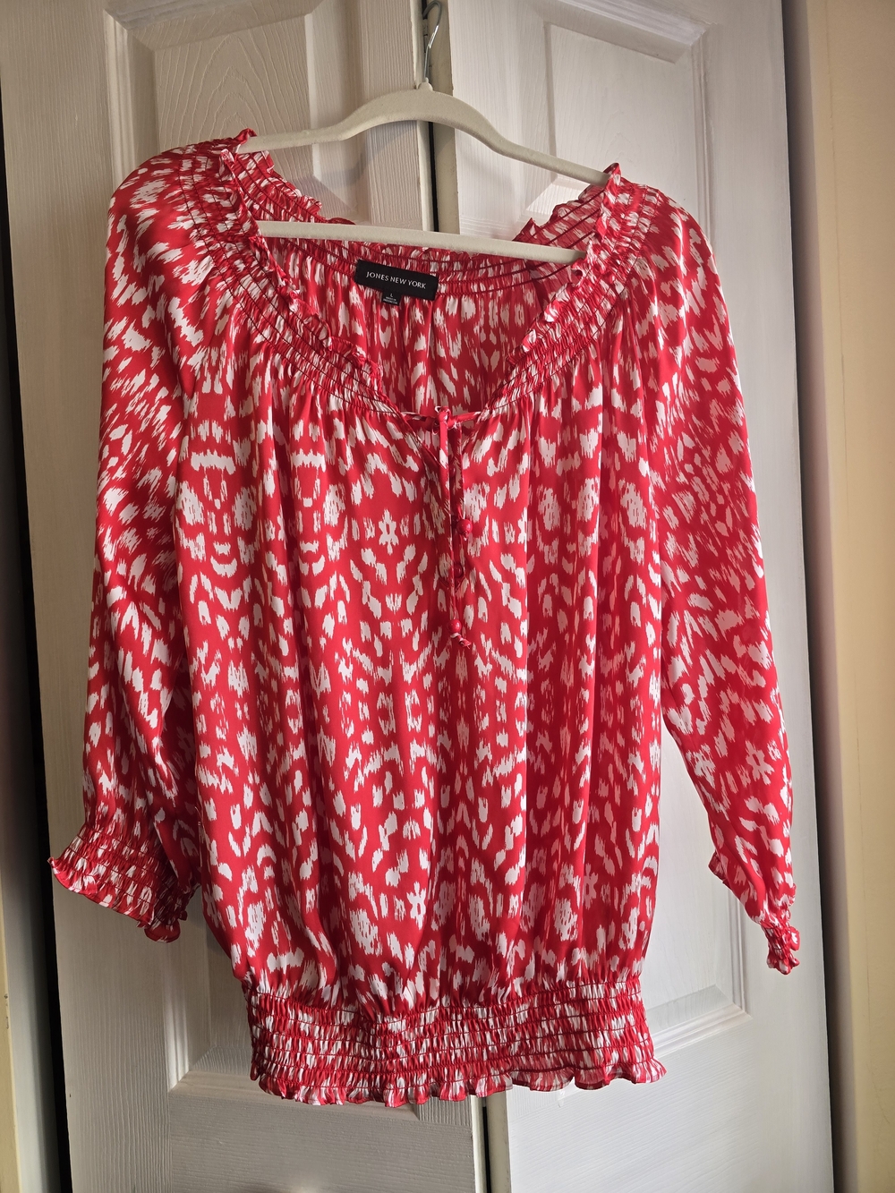 Jones New York Red and White Printed Smocked Peasant Blouse